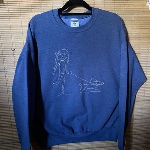 DACHSHUND people! Handcrafted girl walking doxie on sweatshirt, hand stitched